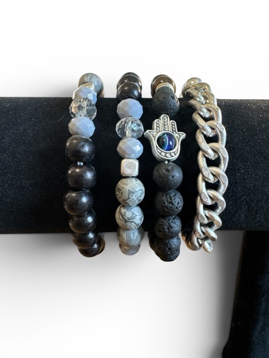 Jewelry - Black and Silver Beaded Bracelet Set with Hamsa Charm